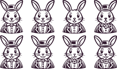 Fototapeta premium Set of eight adorable cartoon bunnies wearing formal attire including top hats and bow ties