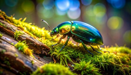 Naklejka premium Shiny Beetle Crawling on Mossy Log in Forest