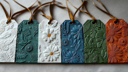 Set of decorative gift tags, featuring embossed floral designs.  Various colors, including teal, cream, navy, and terracotta.  Tied with brown leather-like ribbons