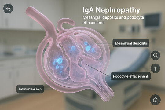 IgA Nephropathy Illustration: Kidney Glomerulus with Mesangial Deposits and Podocyte Effacement [Illustration]