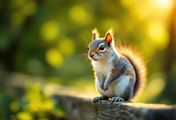 Fototapeta premium A charming squirrel, perched on a rustic wooden beam, basks in the golden sunlight of a lush outdoor setting.