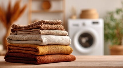 Neatly folded warm garments stacked on wooden table in a laundry setting. Cozy home, household chores and textile care are the key ideas.
