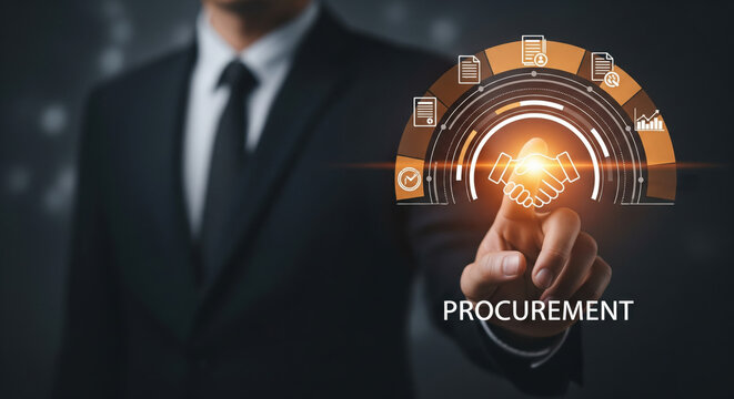 A businessman in suit touching virtual procurement icon with handshake, document, and digital interface, representing business agreement, contract management, and supply chain solutions