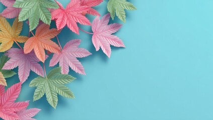 Pastel-colored autumn leaves arranged in corner on a light teal background
