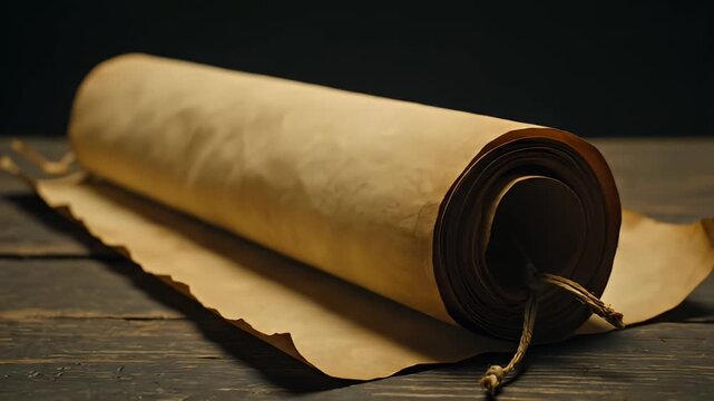 Ancient parchment scroll on wooden table