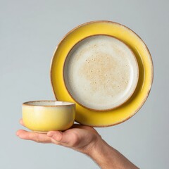 A hand holds a small yellow bowl and a larger yellow plate, both with a tan rim.  The plates and bowl have a speckled, matte finish.  Gray background