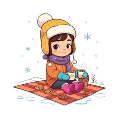 Fototapeta premium An illustrated cartoon of a little girl having fun in the snow during winter