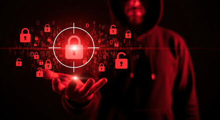 A cybersecurity concept with hooded figure holding digital lock symbol, red binary code background, and glowing security icon, representing data protection, hacking threat, and online privacy