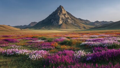 Majestic mountain peak above a vibrant flower-filled plain