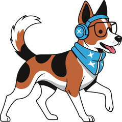 A vibrant pixel art illustration of a cheerful dog wearing headphones and a bandana. The dog is depicted in motion, suggesting energy and a playful attitude. 