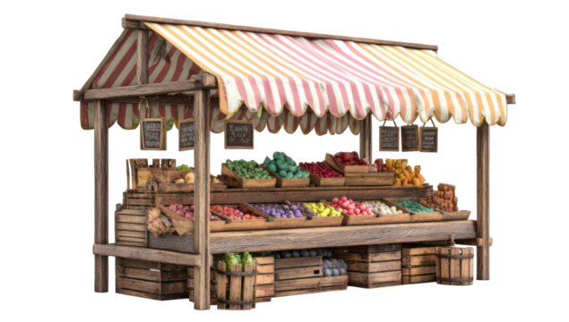 Wooden market stall filled with produce