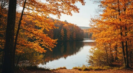 Obraz premium Autumnal lake scene framed by vibrant fall foliage