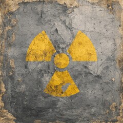 Faded yellow radiation symbol on aged, cracked gray stone