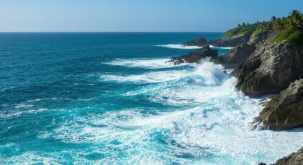 Azure waves crash against dark volcanic cliffs, vast expanse of ocean
