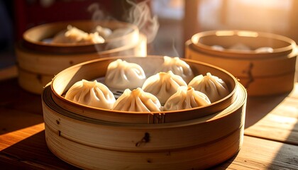 Steaming dumplings in bamboo baskets