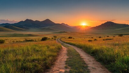 Sunrise over a vast, grassy plain, with a dirt road leading into a mountain range.  A beautiful golden sunset illuminates the landscape