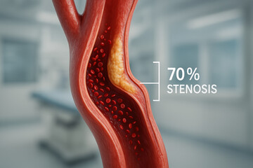 Fototapeta premium 70% Artery Stenosis Illustration Showing Plaque Buildup and Red Blood Cells [Illustration]