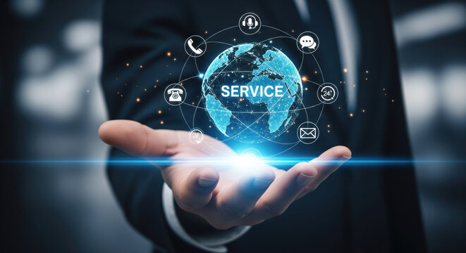 A service technology business support communication global digital innovation professional network a business professional holds glowing digital globe with service icons symbolizing global