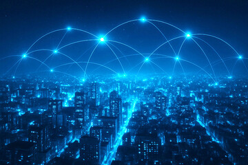Futuristic blue network overlay on a nighttime cityscape scene