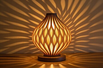 Illuminated wooden table lamp with wavy flame-like shadow patterns on wall and table