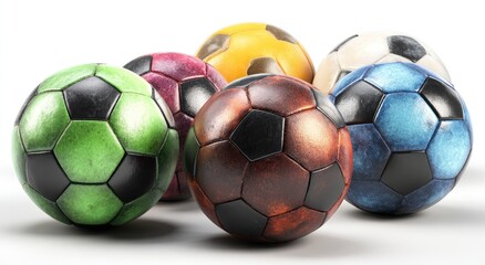 Group of seven vintage-style soccer balls in various colors against white