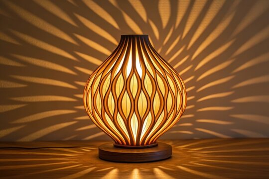 Illuminated wooden table lamp with wavy flame-like shadow patterns on wall and table