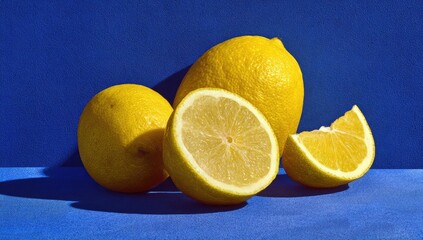Three lemons, whole and sliced, on a vibrant blue surface, bathed in sunlight