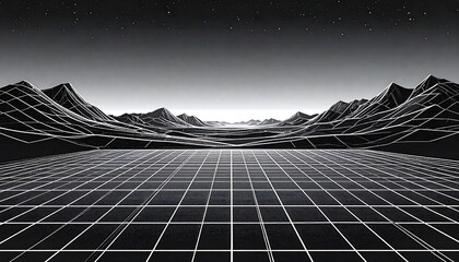A monochrome digital landscape unfolds, showcasing a gridded plane extending towards a horizon lined with wire-frame mountains under a starlit sky.
