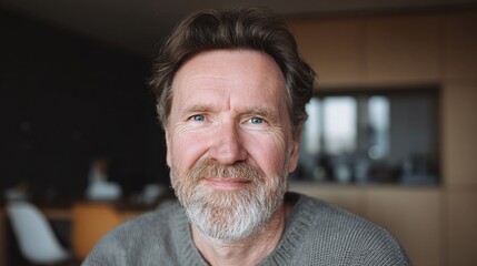 Portrait of a mature man with a salt-and-pepper beard, showcasing a kind and welcoming expression in a casual indoor setting.