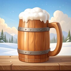 A wooden tankard overflowing with frothy beverage sits on a table against a snowy winter landscape.