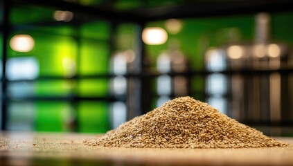 Light tan, granular pile of grain sits on a light brown surface.  Blurred green and black industrial background suggests a brewing or food production facility
