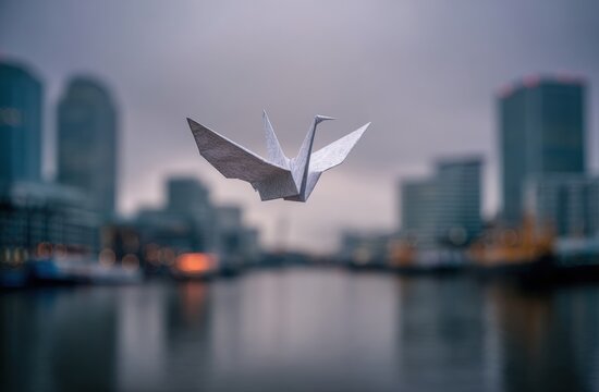 Paper crane soaring over city skyline