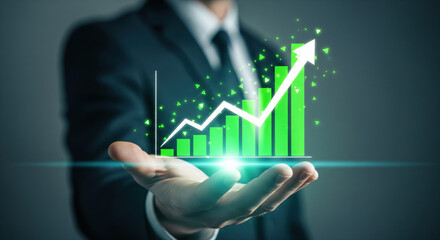 A businessman suit hand holding green bar chart arrow growth success financial concept digital technology upward increase profit investment futuristic finance economy progress data analytics