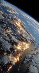 Earth's night-time glow, seen from space.  A detailed view of the illuminated areas of continents, and surrounding clouds