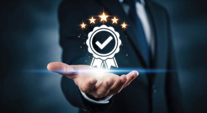 A businessman suit hand award badge checkmark glowing success achievement recognition businessman suit holds glowing award badge with checkmark and stars symbolizing achievement recognition
