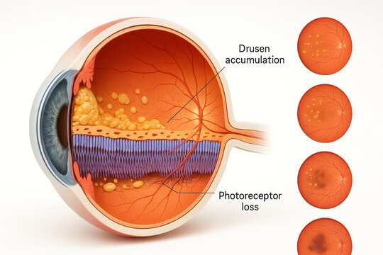 Macular Degeneration Stages Illustration: Drusen Accumulation and Photoreceptor Loss