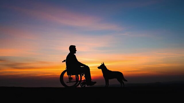 Silhouette of a man in a wheelchair with his dog on a hill against a beautiful sunset, symbolizing hope, companionship, resilience and overcoming adversity