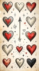 A collection of stylized hearts, various colors, and an arrow, set against a textured background, conveys a vintage or tattoo-inspired theme.