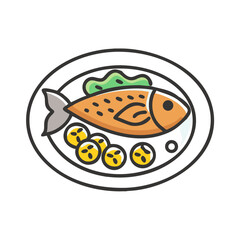 Stylized illustration of prepared fish dish on a plate