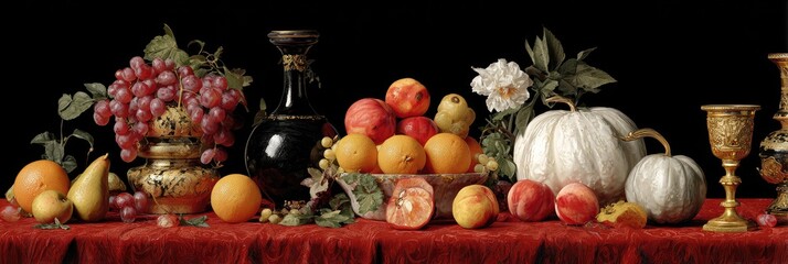 Still life of fruits, vegetables, and decorative vessels on a crimson tablecloth