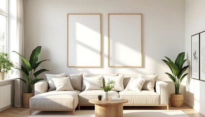 Bright Modern Minimalist Living Room Interior with Two Blank Vertical Frames Mockup above a Cozy Beige Sofa, bathed in natural light and green plants.