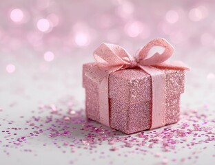 A small, square, pink gift box with a pink ribbon bow, set against a backdrop of soft pink bokeh and scattered pink glitter