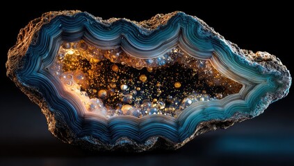 Intricate agate slice,  iridescent bands,  glowing interior