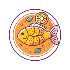 Stylized yellow fish with lemon slice in circular frame