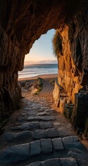 Coastal archway, stone path leading to beach at sunrise
