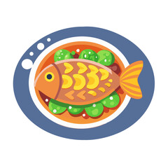 Stylized dish featuring fish with garnish on a plate
