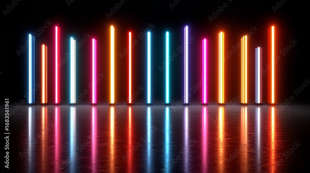 Wall mural series of neon lights are lined up in a row, creating a colorful and vibrant display. the lights are