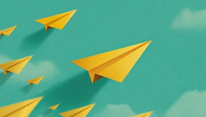 Many yellow paper airplanes soar in a teal sky
