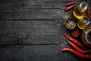 Dark wooden table surface, garnished with chili peppers, spices, and olive oil in various small containers
