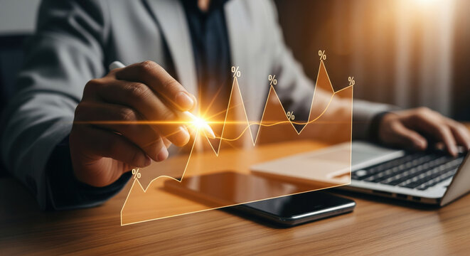 A businessman suit hand digital pen glowing percentage graph growth technology laptop smartphone office finance analysis success innovation professional data modern strategy planning - Powered by Adobe